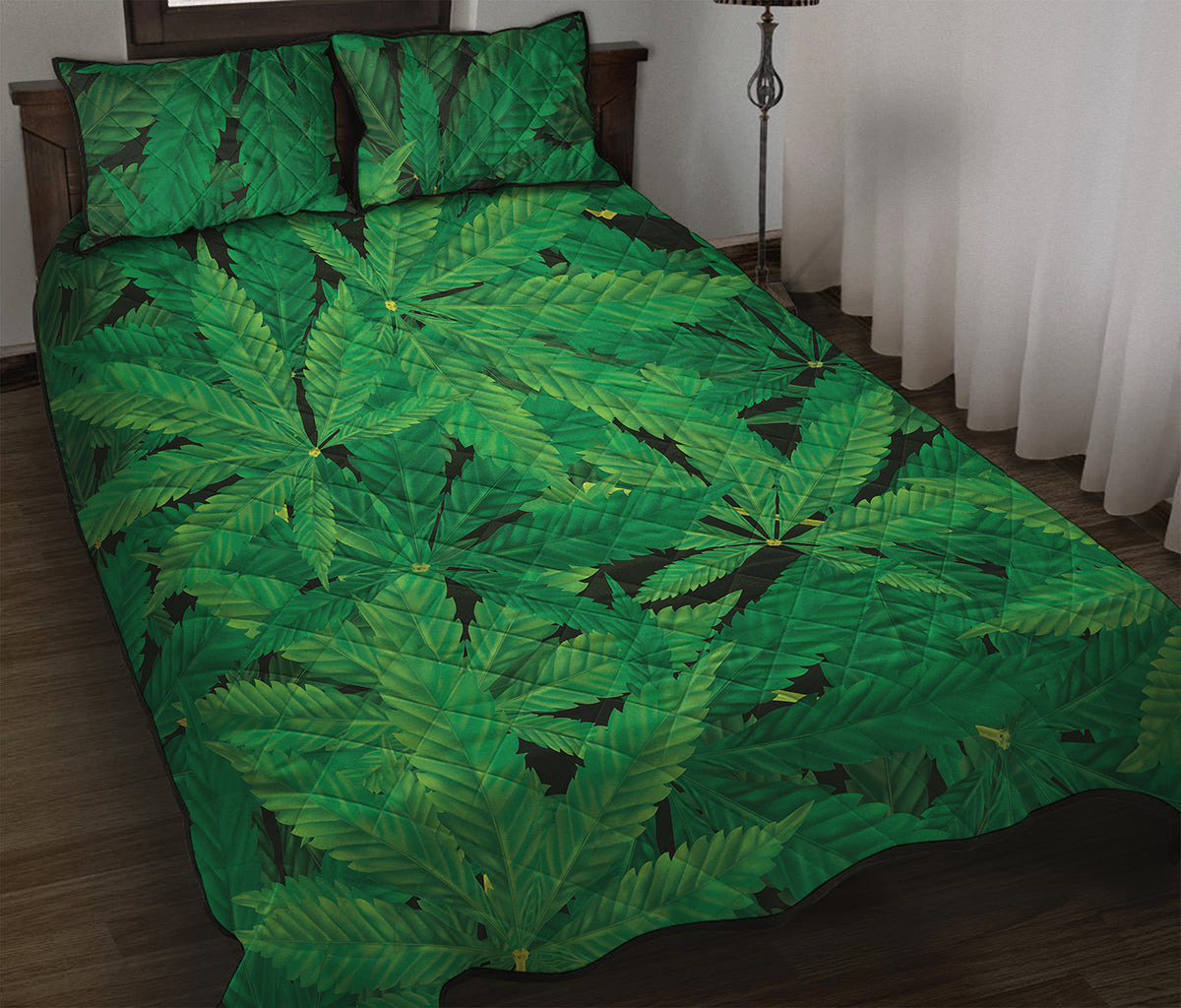 Green Marijuana Leaf Print Quilt Bed Set