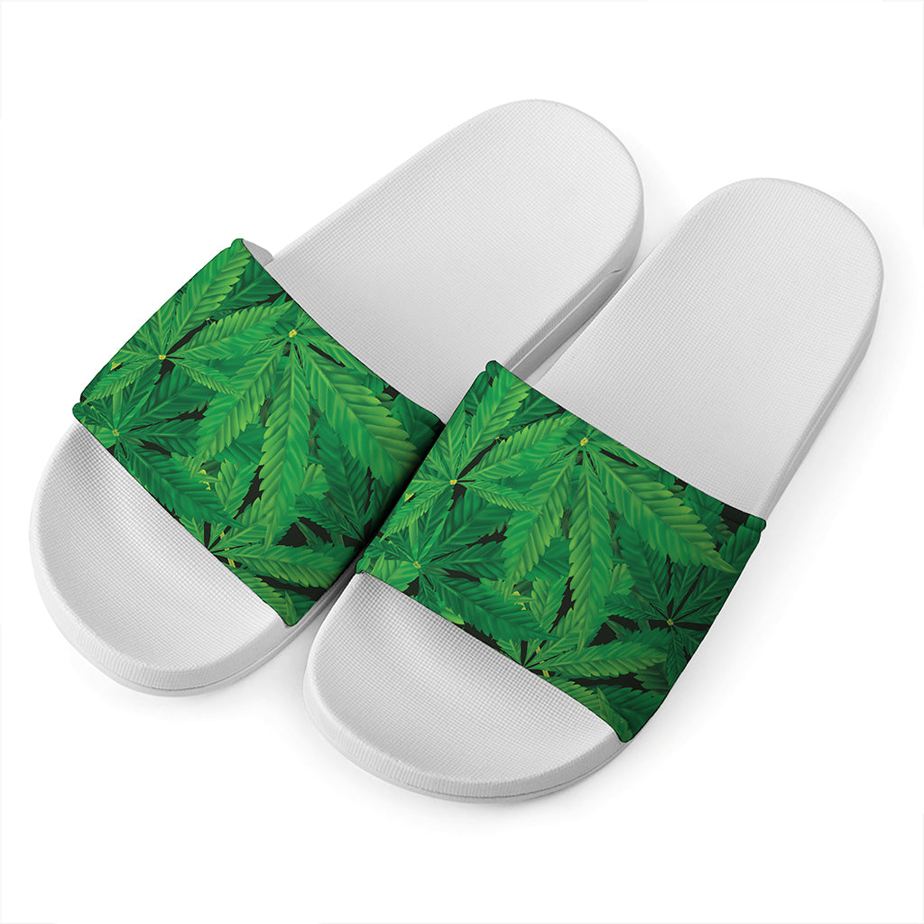 Green Marijuana Leaf Print White Slide Sandals