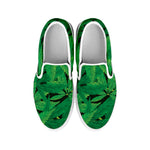 Green Marijuana Leaf Print White Slip On Shoes
