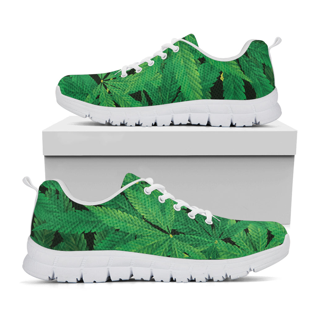 Green Marijuana Leaf Print White Sneakers