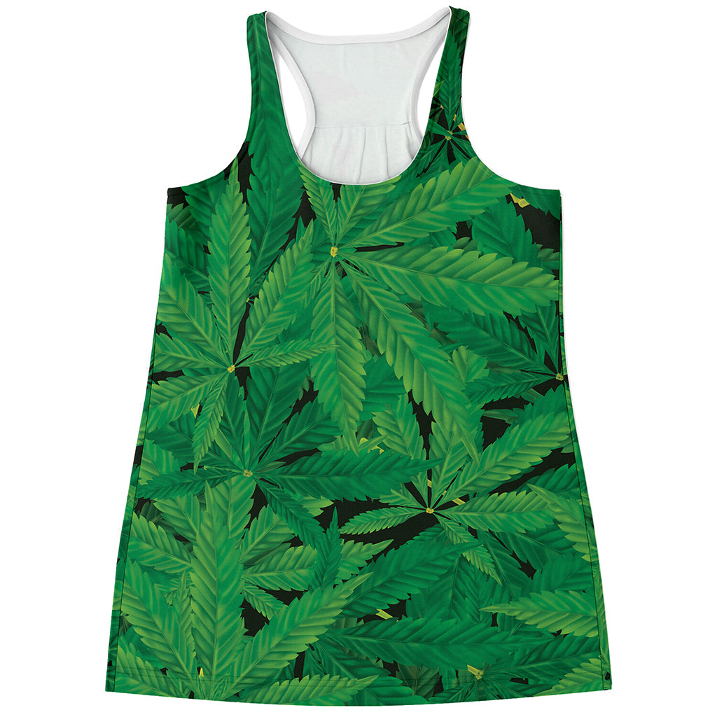Green Marijuana Leaf Print Women's Racerback Tank Top