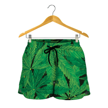 Green Marijuana Leaf Print Women's Shorts