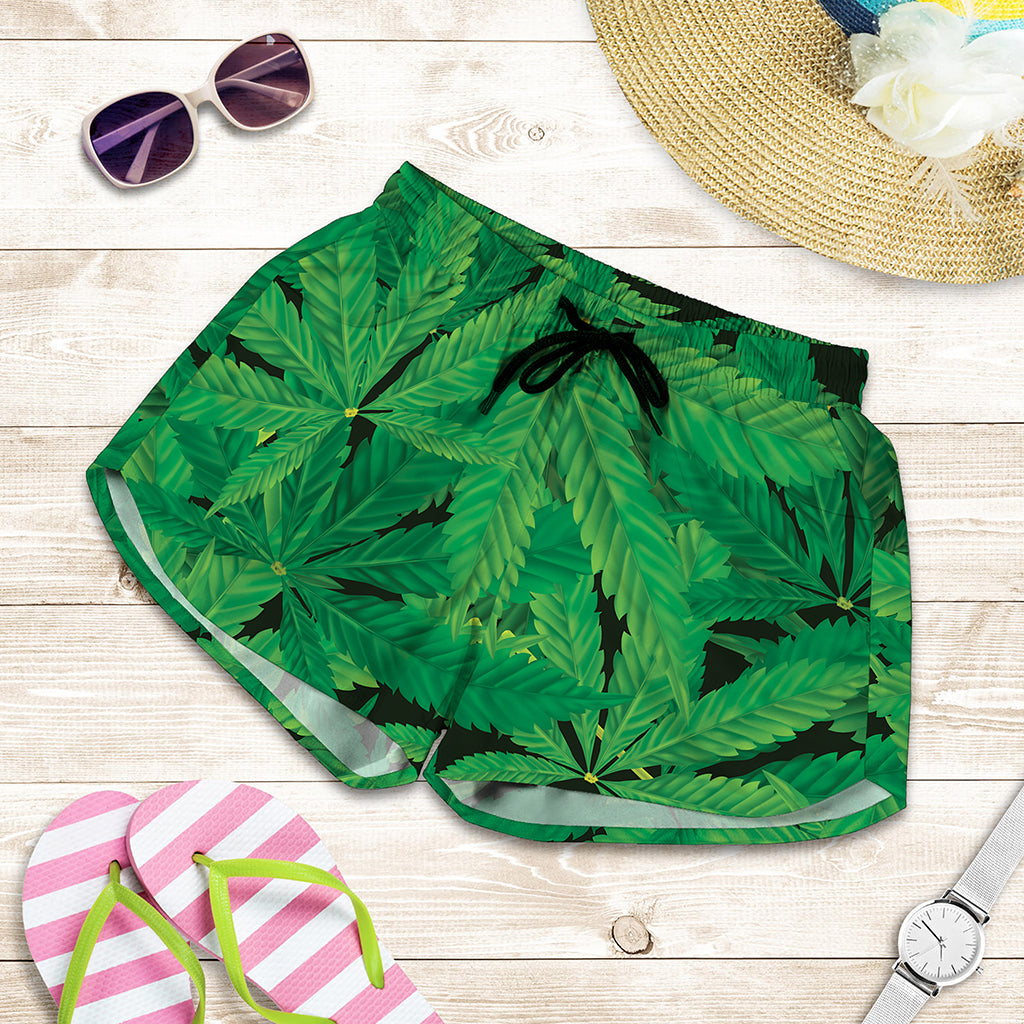 Green Marijuana Leaf Print Women's Shorts
