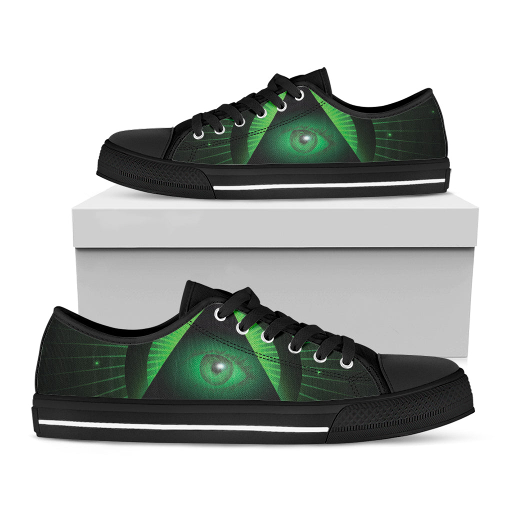 Green Masonic Eye Print Black Low Top Shoes 