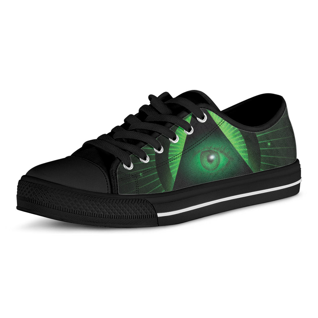 Green Masonic Eye Print Black Low Top Shoes 