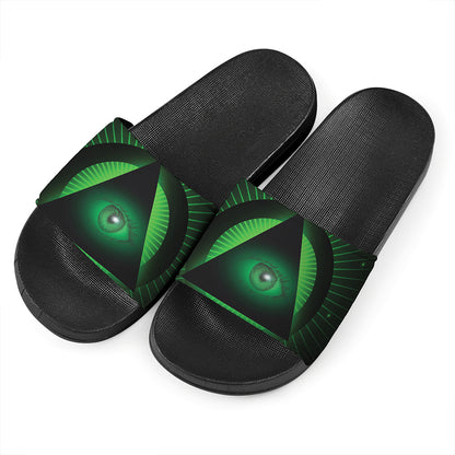 Green Masonic Eye Print Black Slide Sandals