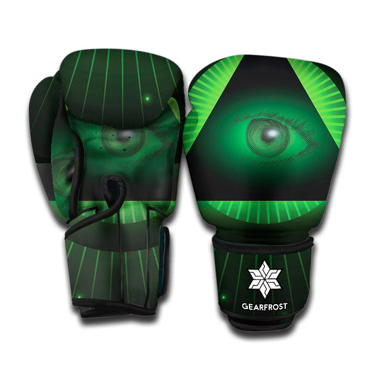 Green Masonic Eye Print Boxing Gloves