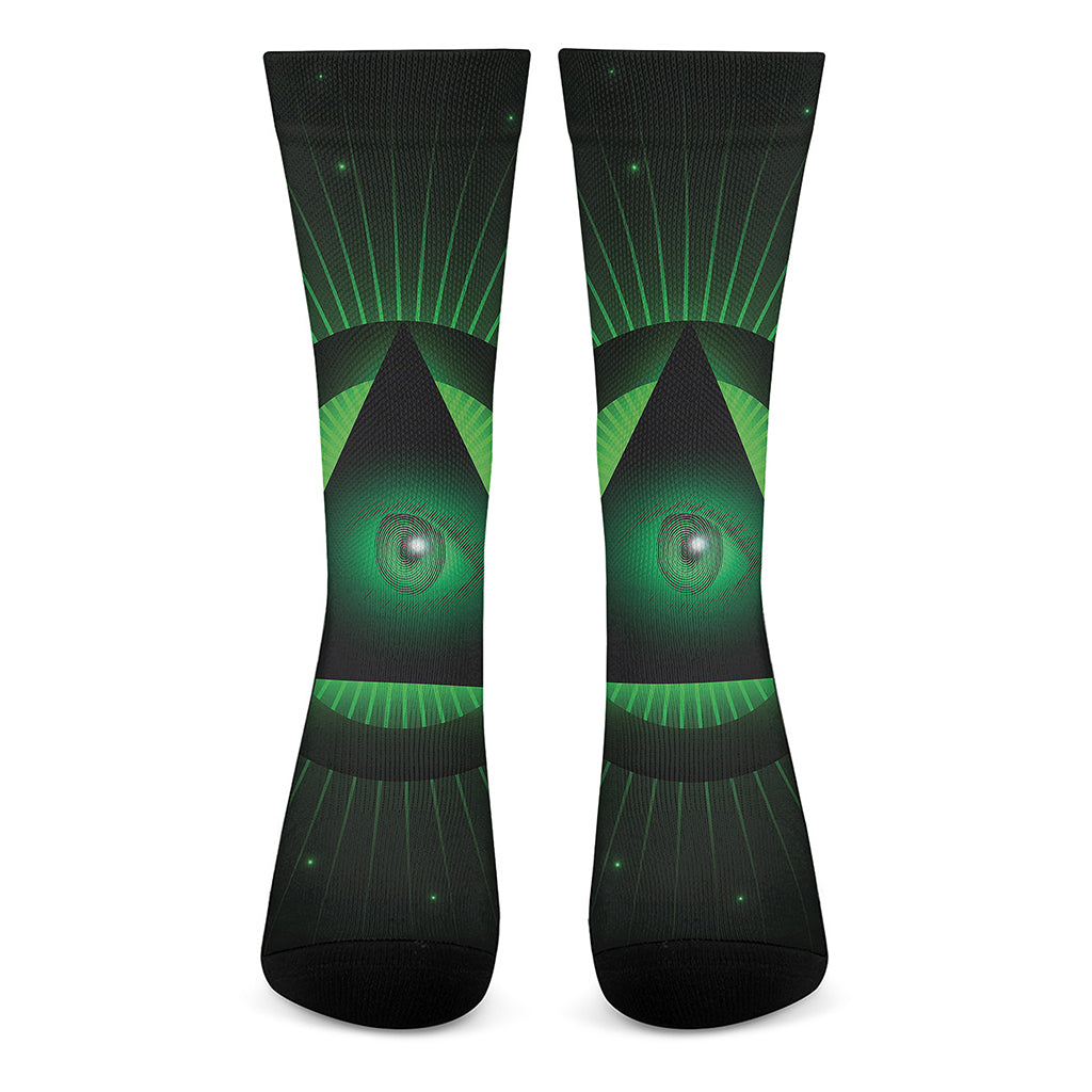 Green Masonic Eye Print Crew Socks