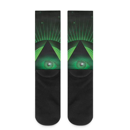 Green Masonic Eye Print Crew Socks