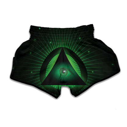 Green Masonic Eye Print Muay Thai Boxing Shorts