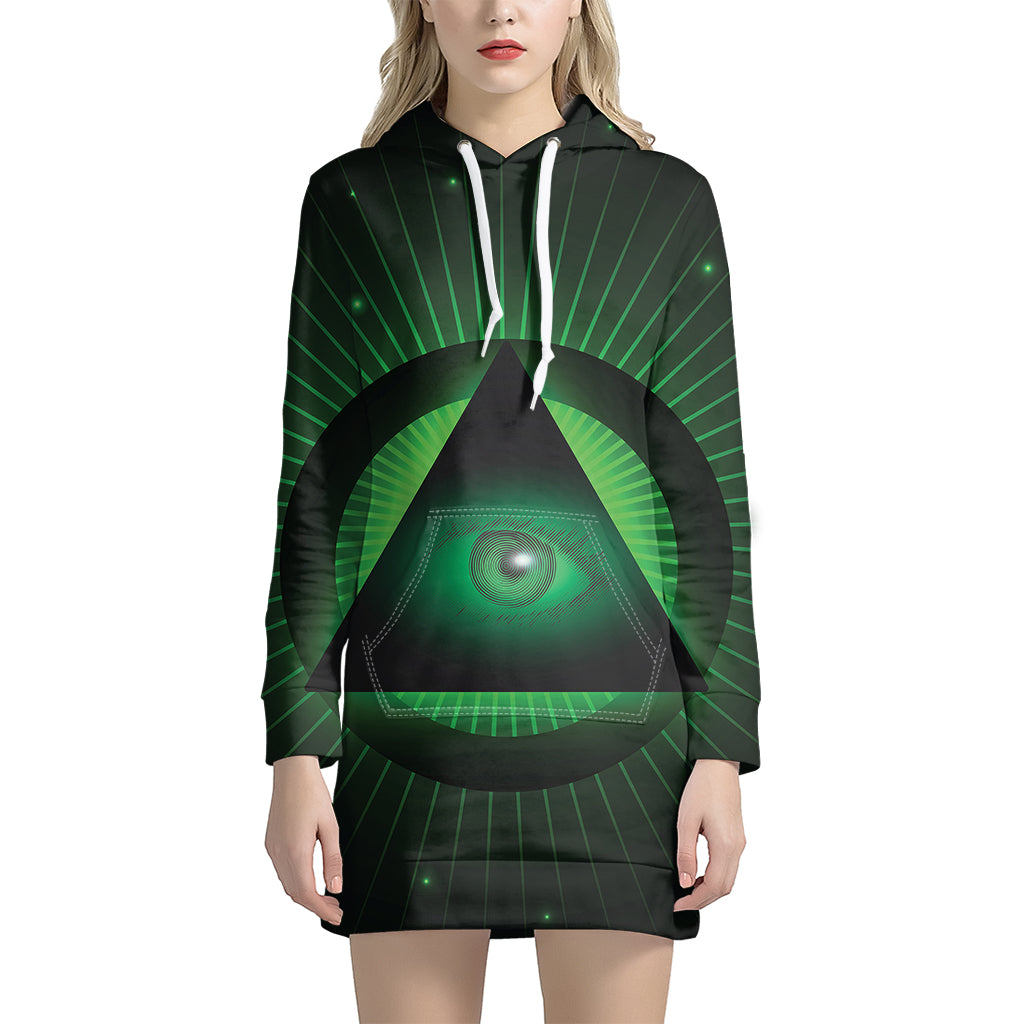 Green Masonic Eye Print Pullover Hoodie Dress