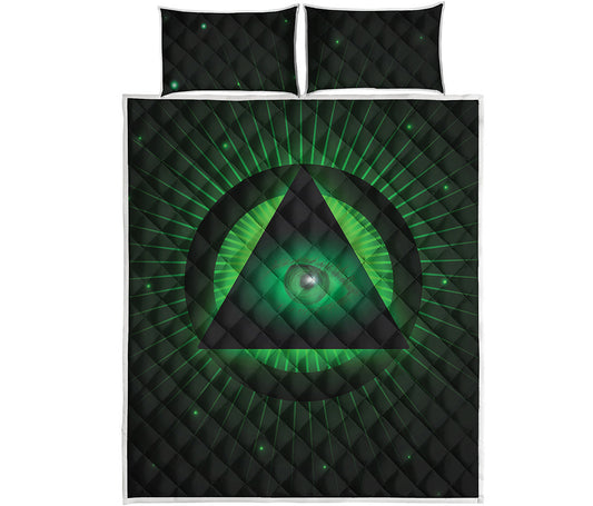 Green Masonic Eye Print Quilt Bed Set