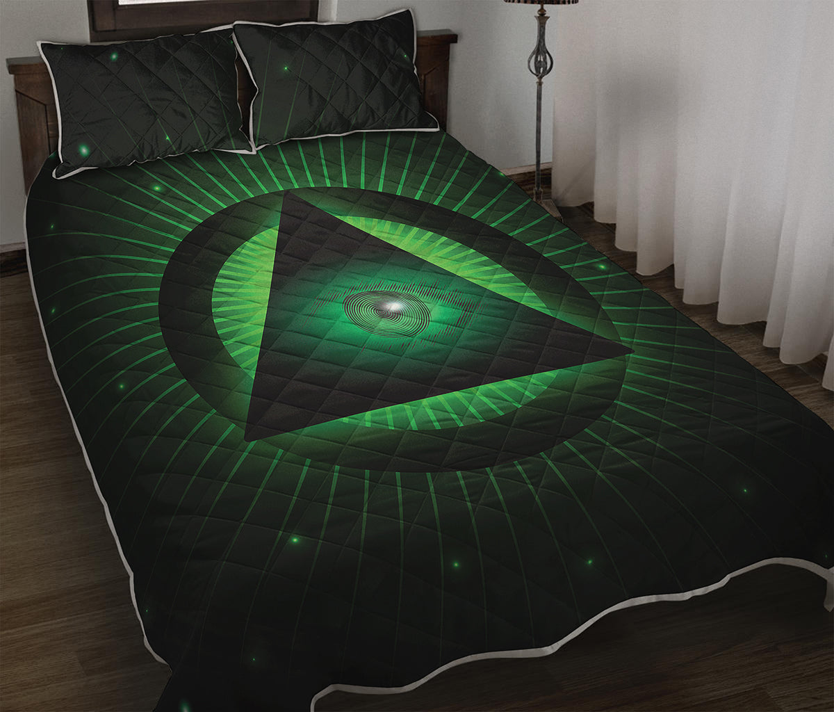 Green Masonic Eye Print Quilt Bed Set