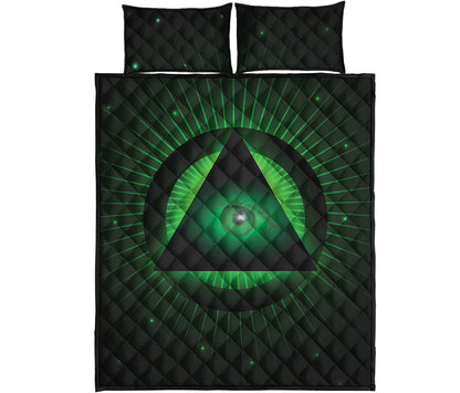 Green Masonic Eye Print Quilt Bed Set
