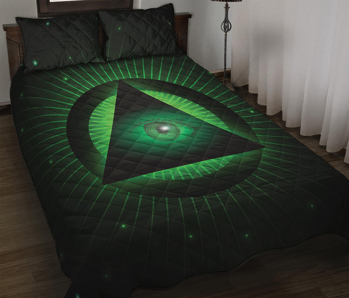 Green Masonic Eye Print Quilt Bed Set