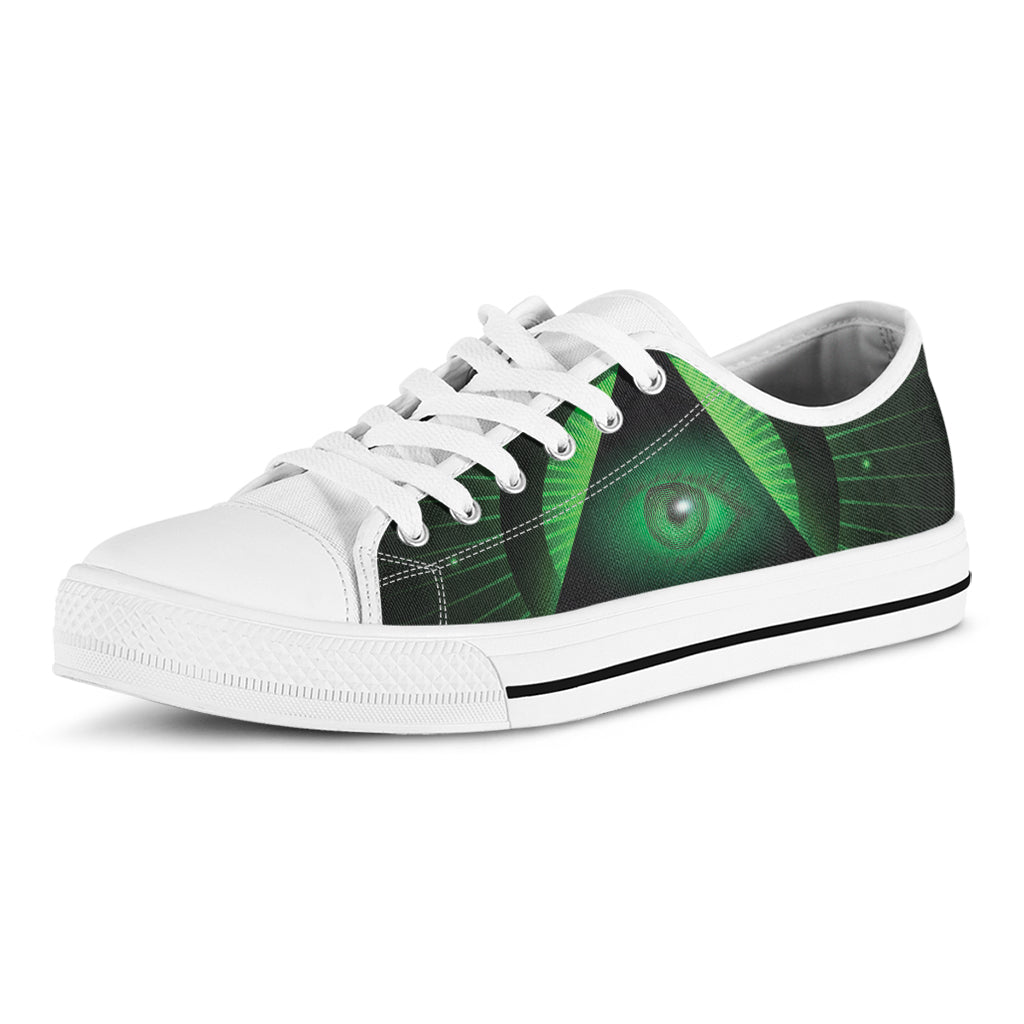 Green Masonic Eye Print White Low Top Shoes