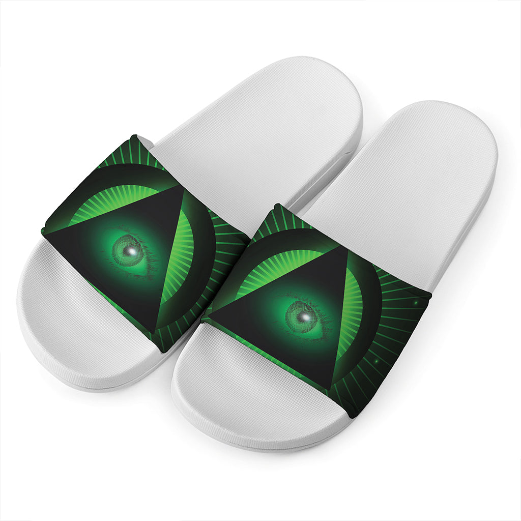 Green Masonic Eye Print White Slide Sandals