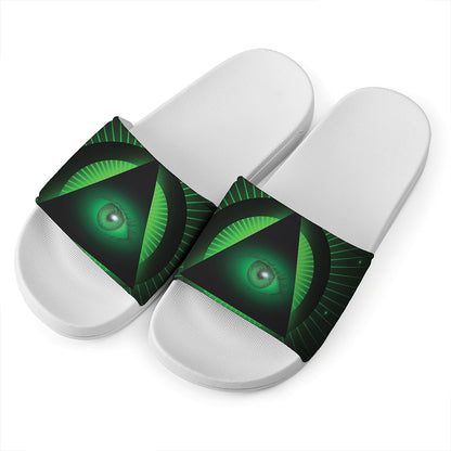 Green Masonic Eye Print White Slide Sandals
