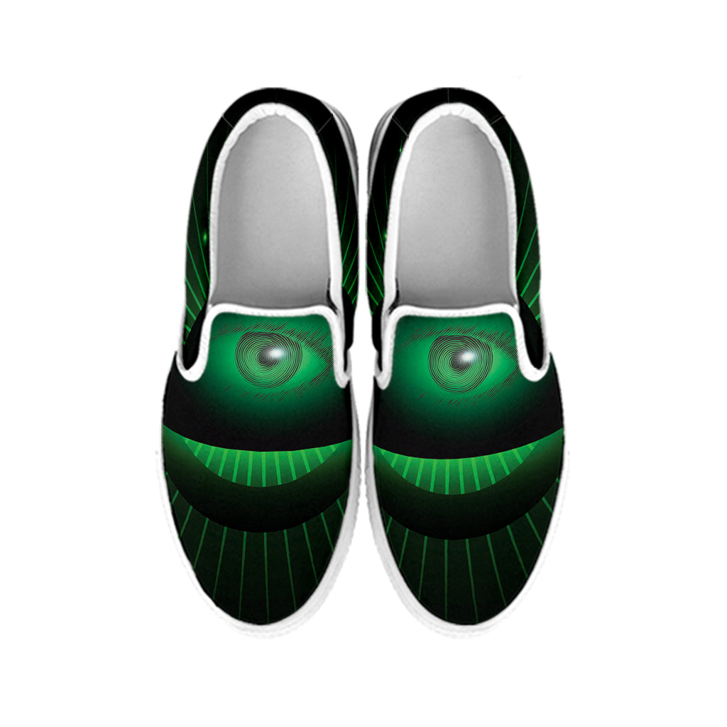 Green Masonic Eye Print White Slip On Shoes