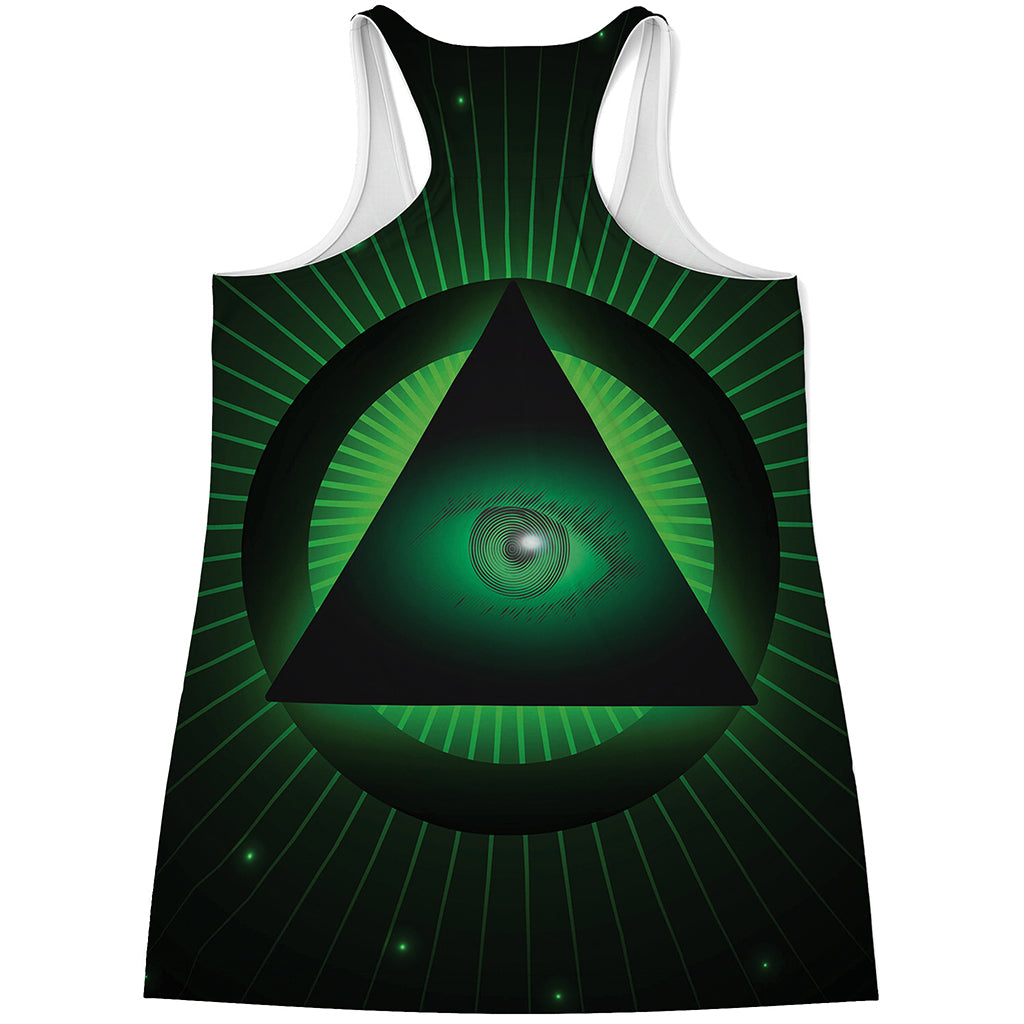 Green Masonic Eye Print Women's Racerback Tank Top