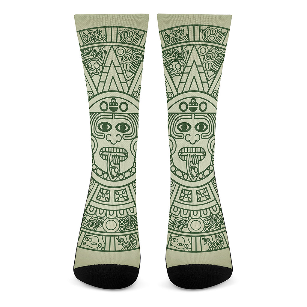Green Maya Calendar Print Crew Socks