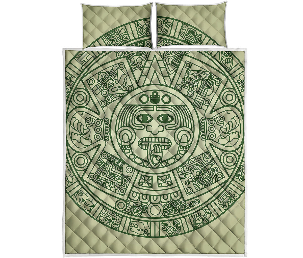 Green Maya Calendar Print Quilt Bed Set