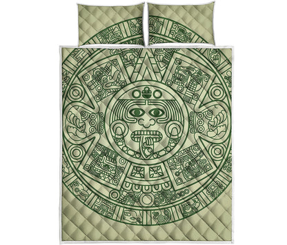 Green Maya Calendar Print Quilt Bed Set