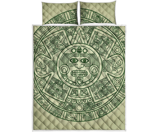 Green Maya Calendar Print Quilt Bed Set