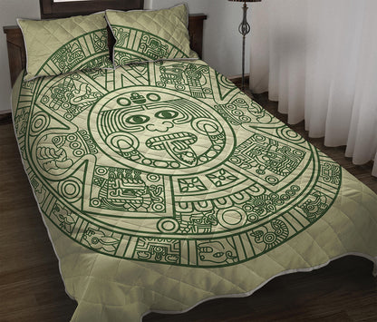 Green Maya Calendar Print Quilt Bed Set