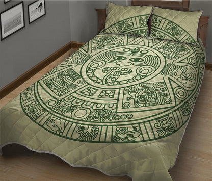 Green Maya Calendar Print Quilt Bed Set