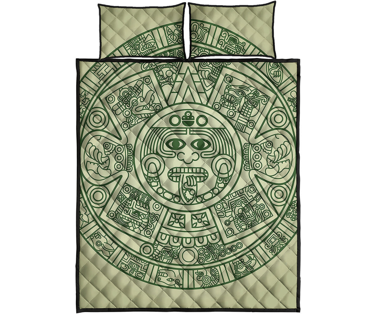 Green Maya Calendar Print Quilt Bed Set