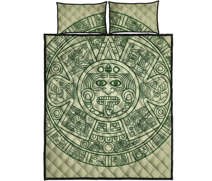 Green Maya Calendar Print Quilt Bed Set