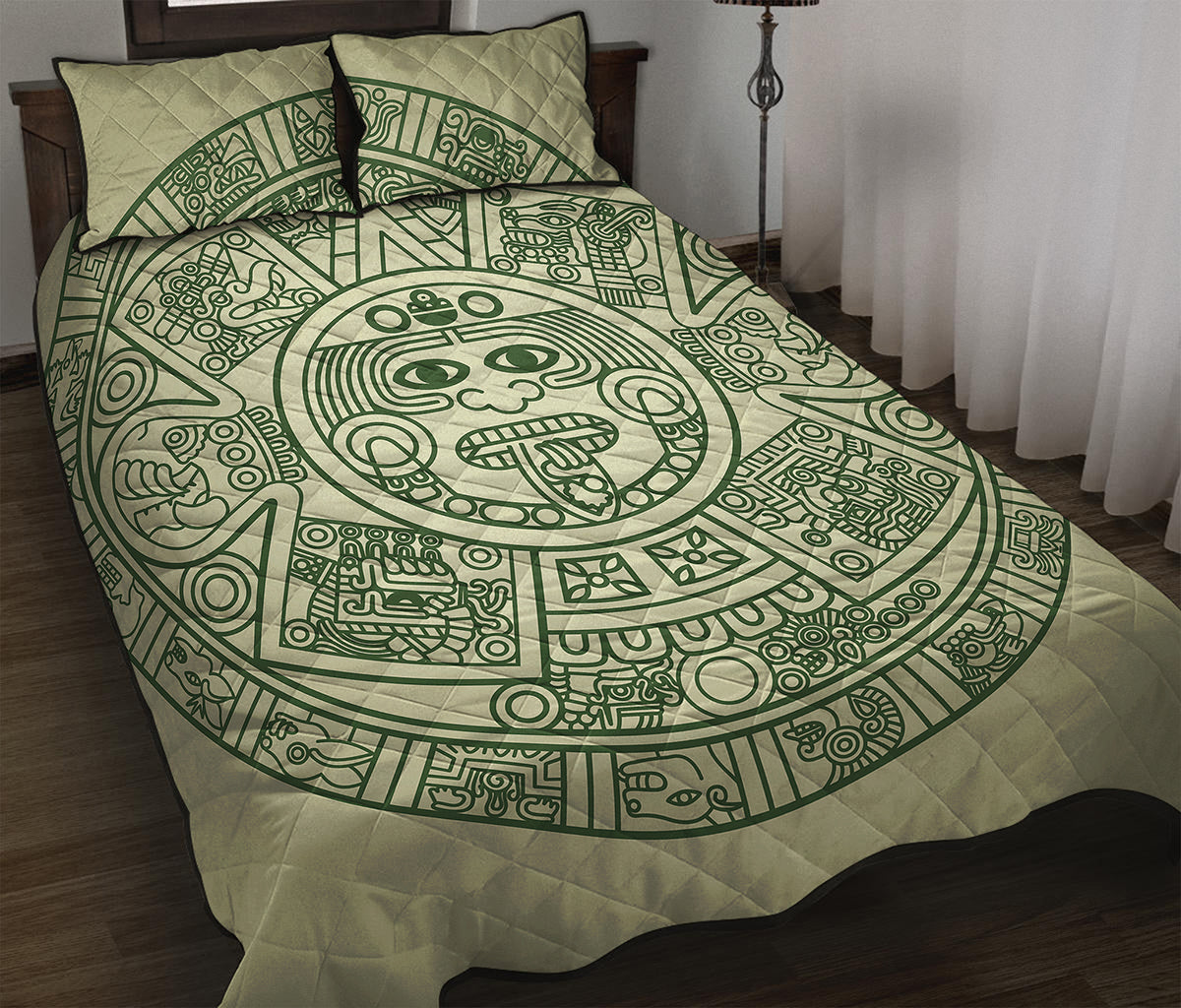 Green Maya Calendar Print Quilt Bed Set