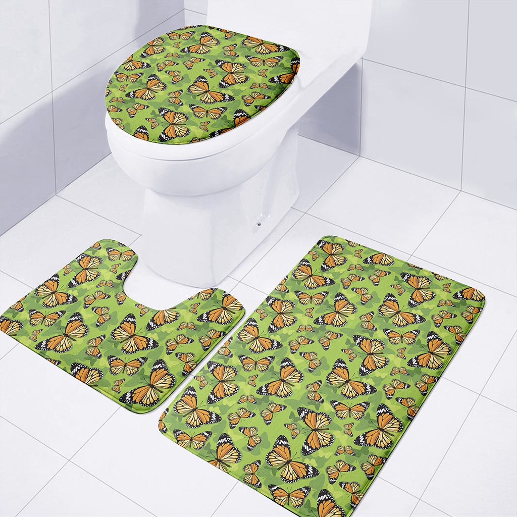 Green Monarch Butterfly Pattern Print 3 Piece Bath Mat Set