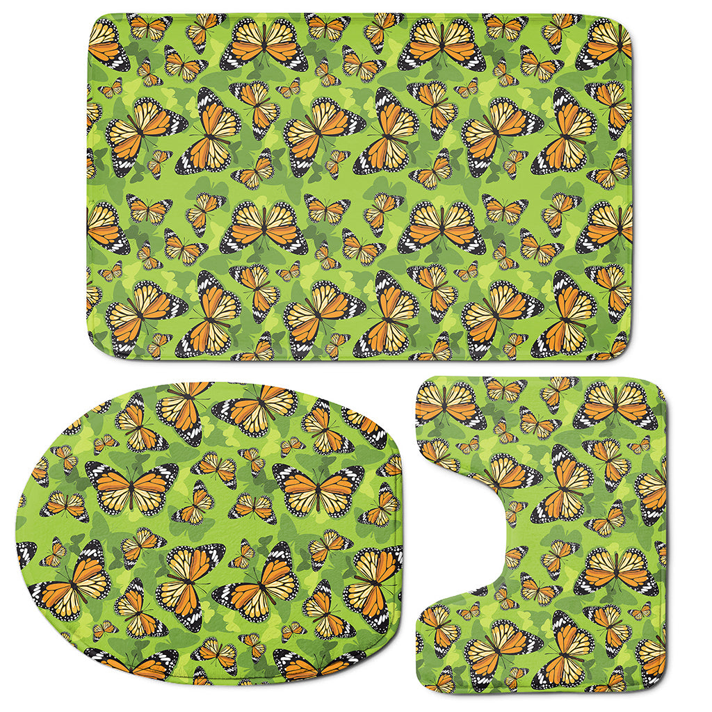 Green Monarch Butterfly Pattern Print 3 Piece Bath Mat Set