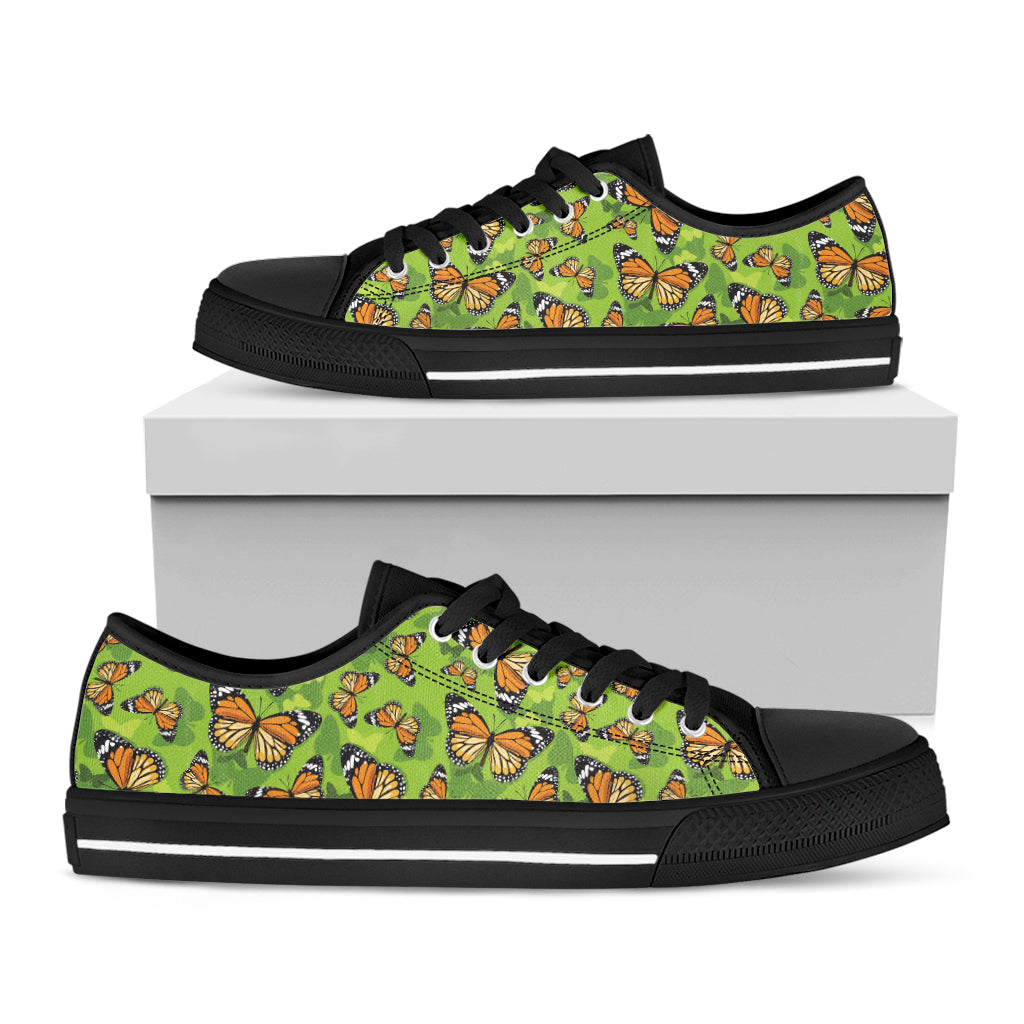 Green Monarch Butterfly Pattern Print Black Low Top Shoes