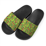 Green Monarch Butterfly Pattern Print Black Slide Sandals