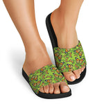 Green Monarch Butterfly Pattern Print Black Slide Sandals