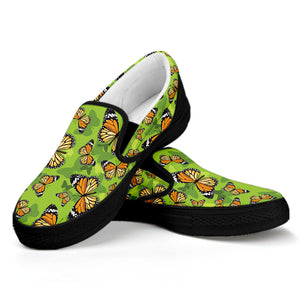 Green Monarch Butterfly Pattern Print Black Slip On Shoes