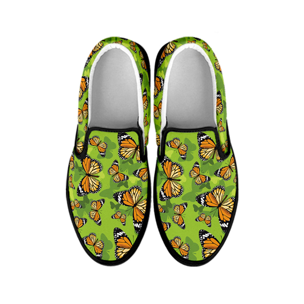 Green Monarch Butterfly Pattern Print Black Slip On Shoes