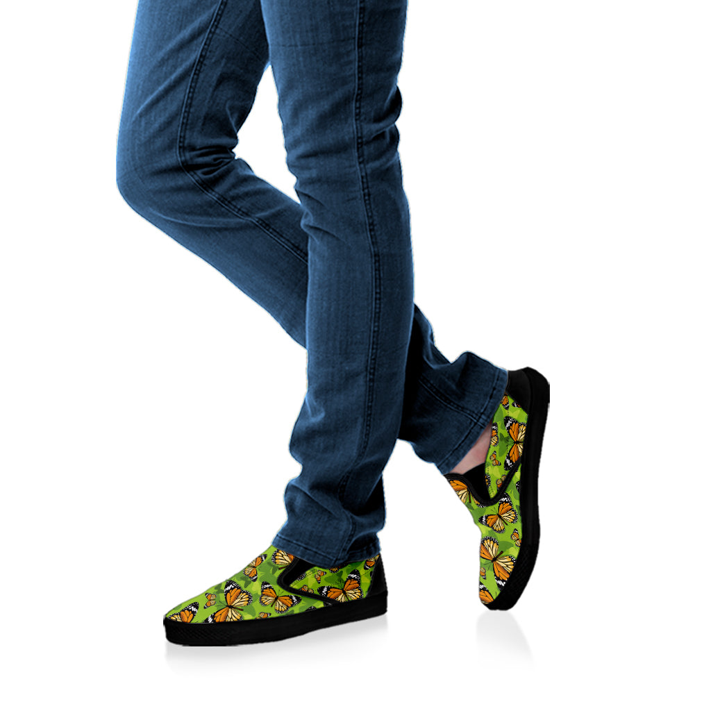 Green Monarch Butterfly Pattern Print Black Slip On Shoes