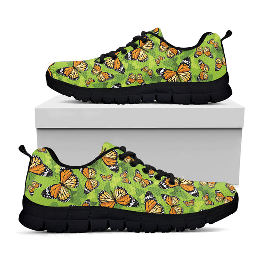 Green Monarch Butterfly Pattern Print Black Sneakers