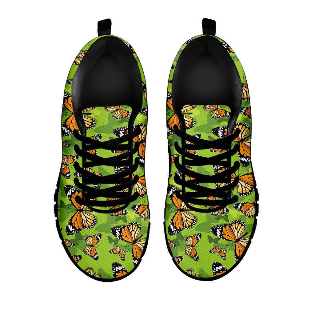 Green Monarch Butterfly Pattern Print Black Sneakers