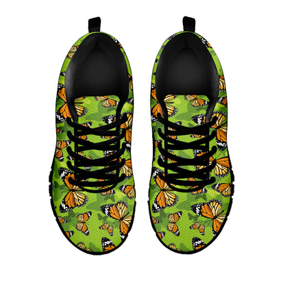 Green Monarch Butterfly Pattern Print Black Sneakers