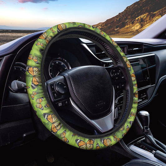 Green Monarch Butterfly Pattern Print Car Steering Wheel Cover