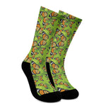 Green Monarch Butterfly Pattern Print Crew Socks