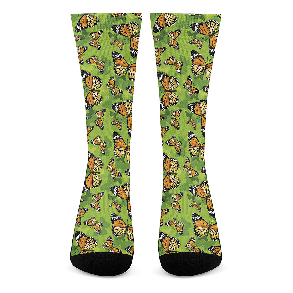 Green Monarch Butterfly Pattern Print Crew Socks