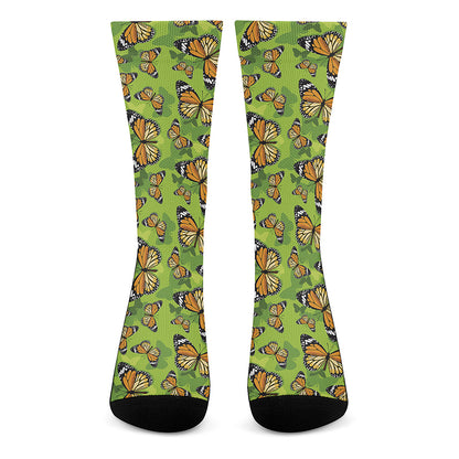 Green Monarch Butterfly Pattern Print Crew Socks