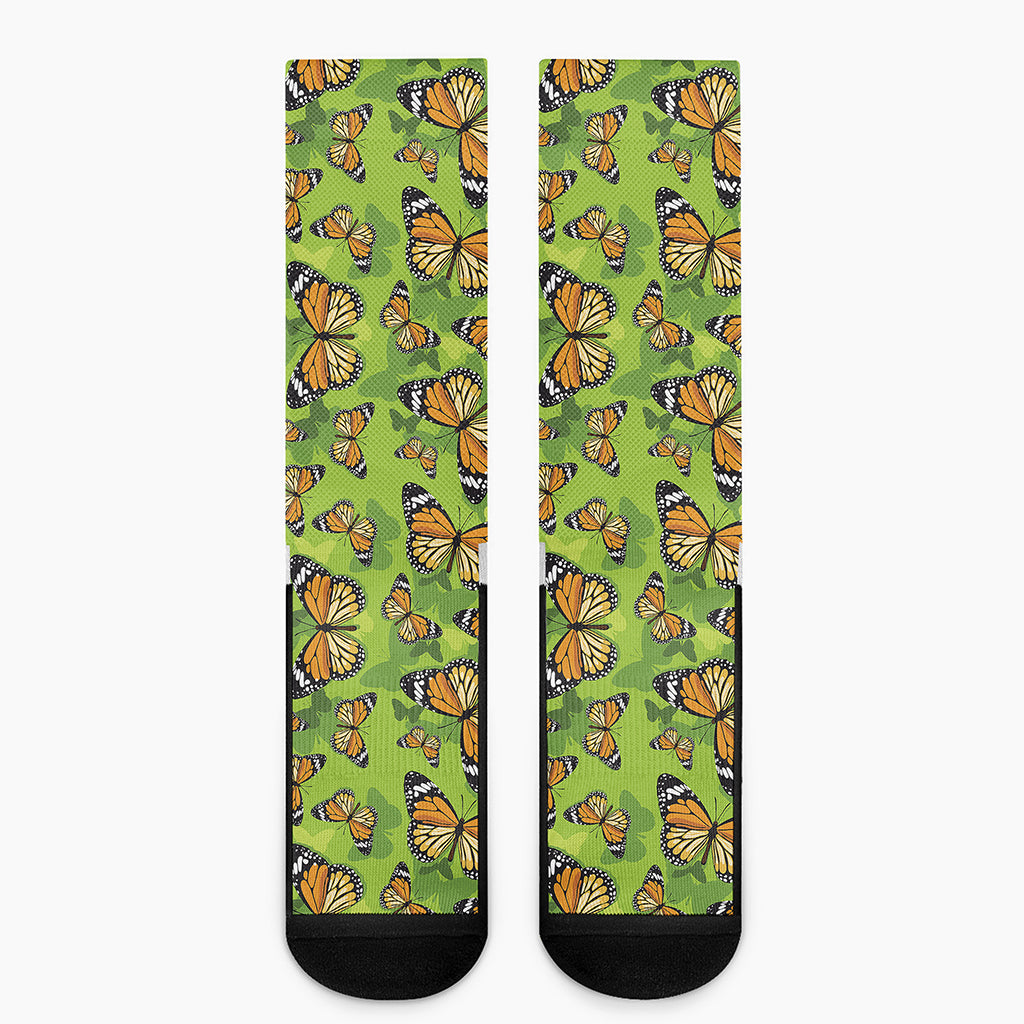 Green Monarch Butterfly Pattern Print Crew Socks