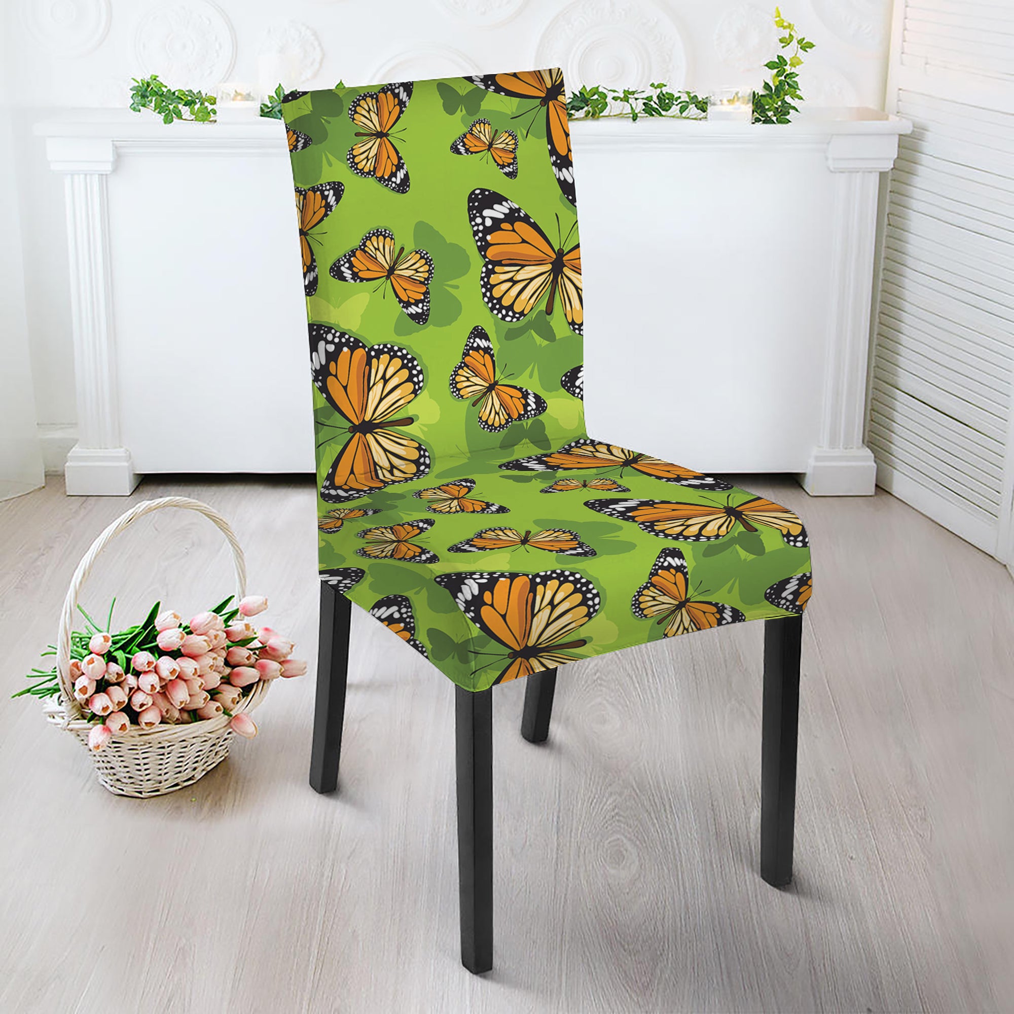 Green Monarch Butterfly Pattern Print Dining Chair Slipcover